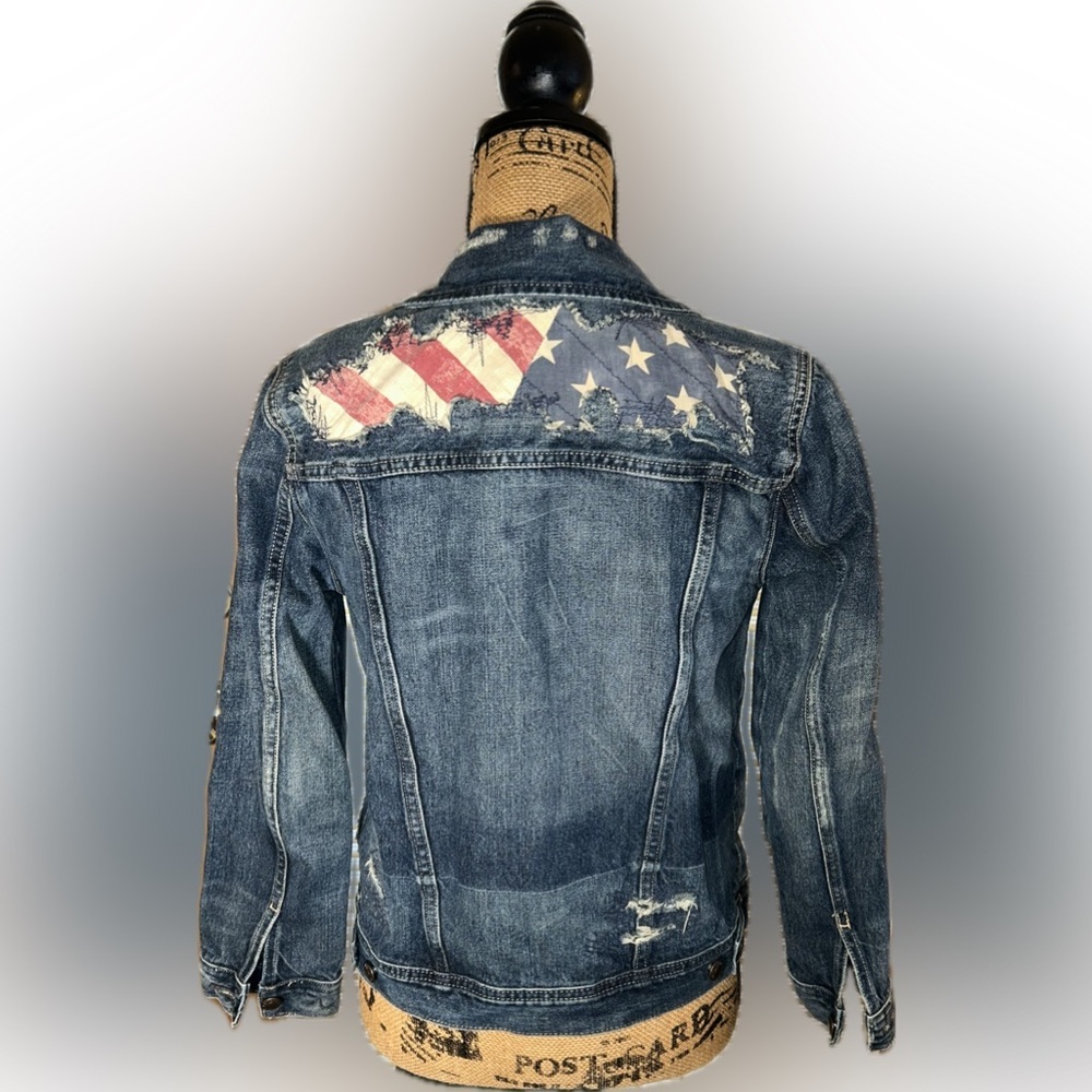 Polo Ralph Lauren Destroyed Patchwork USA Flag Denim Trucker Jacket Girls 14